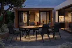 OUTFLEXX Luminara Garten-Essgruppe mit LED-Beleuchtung, anthrazit matt/natur, Alu/Holzimitat, 240 x 100 cm, inklusive Auflagen, 6 Stapelsessel