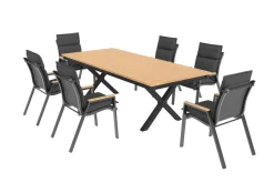 OUTFLEXX Luminara Garten-Essgruppe mit LED-Beleuchtung, anthrazit matt/natur, Alu/Holzimitat, 240 x 100 cm, inklusive Auflagen, 6 Stapelsessel