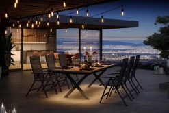 OUTFLEXX Luminara Garten-Essgruppe, anthrazit matt/natur, Alu / Holzimitat / Textilen, 240 x 100 cm, 6 Klappstühle, Tischplatte mit LED-Beleuchtung