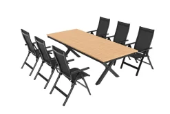 OUTFLEXX Luminara Garten-Essgruppe, anthrazit matt/natur, Alu / Holzimitat / Textilen, 240 x 100 cm, 6 Klappstühle, Tischplatte mit LED-Beleuchtung