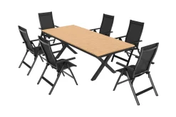 OUTFLEXX Luminara Garten-Essgruppe, anthrazit matt/natur, Alu / Holzimitat / Textilen, 240 x 100 cm, 6 Klappstühle, Tischplatte mit LED-Beleuchtung