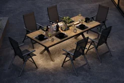OUTFLEXX Luminara Garten-Essgruppe, anthrazit matt/natur, Alu / Holzimitat / Textilen, 240 x 100 cm, 6 Klappstühle, Tischplatte mit LED-Beleuchtung