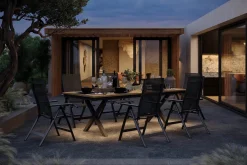 OUTFLEXX Luminara Garten-Essgruppe, anthrazit matt/natur, Alu / Holzimitat / Textilen, 240 x 100 cm, 6 Klappstühle, Tischplatte mit LED-Beleuchtung