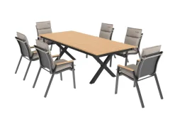 OUTFLEXX Luminara Garten-Essgruppe, anthrazit matt/natur, Holzimitat/Alu, 240 x 100 cm, 6 Stapelsessel, inkl. Auflagen, mit LED-Beleuchtung