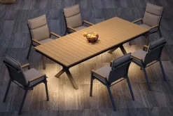 OUTFLEXX Luminara Garten-Essgruppe, anthrazit matt/natur, Holzimitat/Alu, 240 x 100 cm, 6 Stapelsessel, inkl. Auflagen, mit LED-Beleuchtung