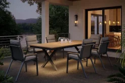 OUTFLEXX Luminara Garten-Essgruppe, anthrazit matt/natur, Holzimitat/Alu, 240 x 100 cm, 6 Stapelsessel, inkl. Auflagen, mit LED-Beleuchtung