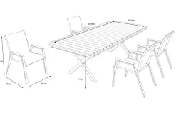 OUTFLEXX Luminara Garten-Essgruppe mit LED-Beleuchtung, anthrazit matt/natur, Aluminium/Holzimitat/Textilene, Tisch 240 x 100 cm, 4 stapelbare Sessel