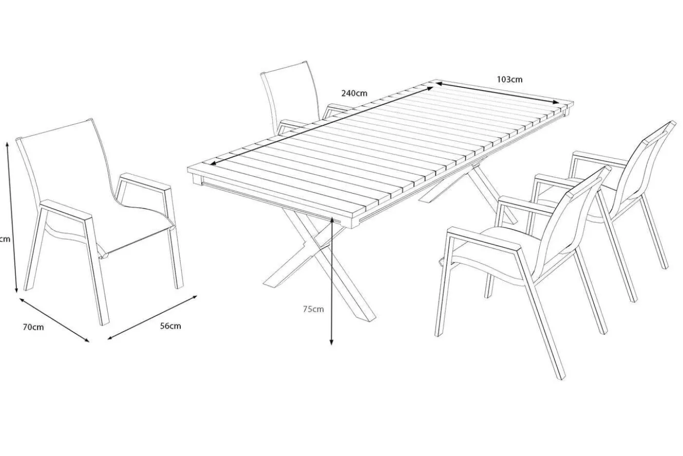 OUTFLEXX Luminara Garten-Essgruppe mit LED-Beleuchtung, anthrazit matt/natur, Aluminium/Holzimitat/Textilene, Tisch 240 x 100 cm, 4 stapelbare Sessel