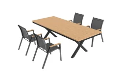 OUTFLEXX Luminara Garten-Essgruppe mit LED-Beleuchtung, anthrazit matt/natur, Aluminium/Holzimitat/Textilene, Tisch 240 x 100 cm, 4 stapelbare Sessel