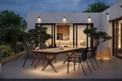 OUTFLEXX Luminara Garten-Essgruppe mit LED-Beleuchtung, anthrazit matt/natur, Aluminium/Holzimitat/Textilene, Tisch 240 x 100 cm, 4 stapelbare Sessel