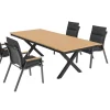 OUTFLEXX Luminara Garten-Essgruppe, anthrazit matt/natur, Alu/Holzimitat, 240 x 100 cm, 4 Stapelsessel, inkl. Auflagen, mit LED-Beleuchtung
