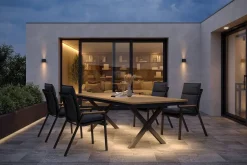 OUTFLEXX Luminara Garten-Essgruppe, anthrazit matt/natur, Alu/Holzimitat, 240 x 100 cm, 4 Stapelsessel, inkl. Auflagen, mit LED-Beleuchtung