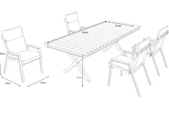 OUTFLEXX Luminara Garten-Essgruppe, anthrazit matt/natur, Alu/Holzimitat, 240 x 100 cm, 4 Stapelsessel, inkl. Auflagen, mit LED-Beleuchtung