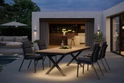 OUTFLEXX Luminara Garten-Essgruppe, anthrazit matt/natur, Alu/Holzimitat, 240 x 100 cm, 4 Stapelsessel, inkl. Auflagen, mit LED-Beleuchtung