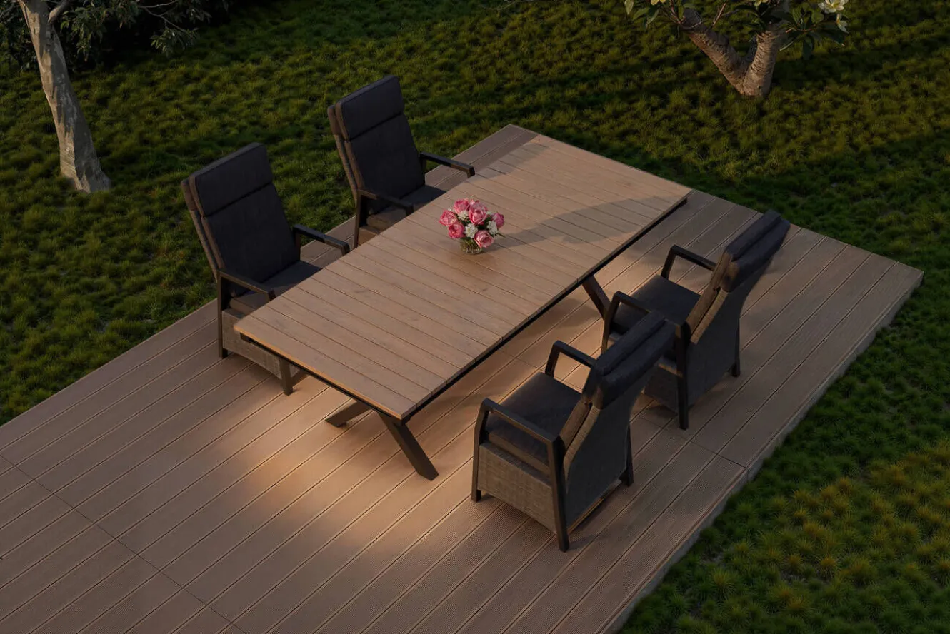OUTFLEXX Luminara Garten-Essgruppe mit LED-Beleuchtung, anthrazit/natur, Aluminium/Polyrattan/Holzimitat, Tisch 240 x 100 cm, 4 Sessel