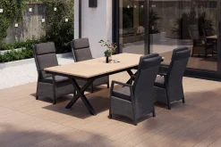 OUTFLEXX Luminara Garten-Essgruppe mit LED-Beleuchtung, anthrazit/natur, Aluminium/Polyrattan/Holzimitat, Tisch 240 x 100 cm, 4 Sessel