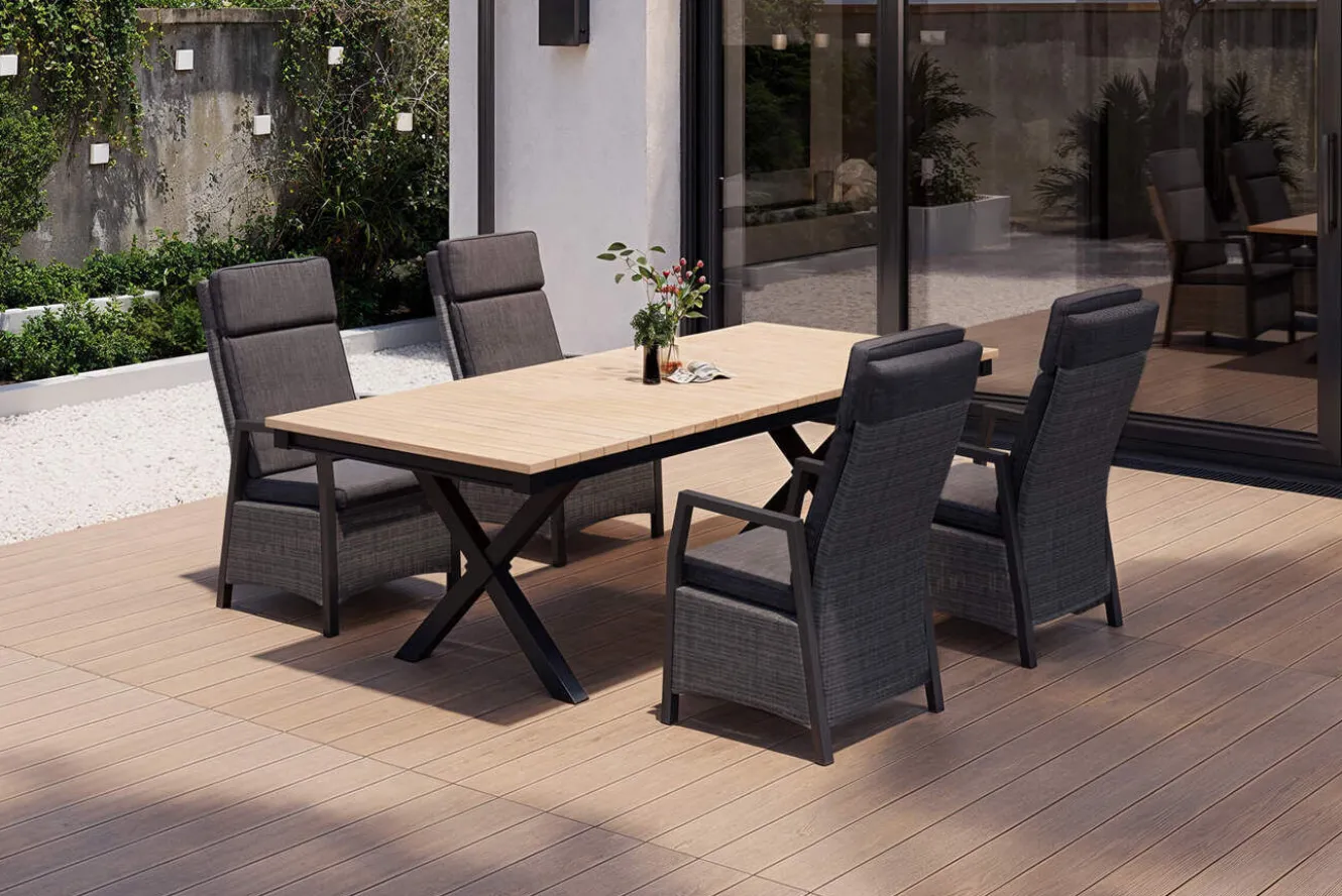 OUTFLEXX Luminara Garten-Essgruppe mit LED-Beleuchtung, anthrazit/natur, Aluminium/Polyrattan/Holzimitat, Tisch 240 x 100 cm, 4 Sessel