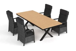 OUTFLEXX Luminara Garten-Essgruppe mit LED-Beleuchtung, anthrazit/natur, Aluminium/Polyrattan/Holzimitat, Tisch 240 x 100 cm, 4 Sessel