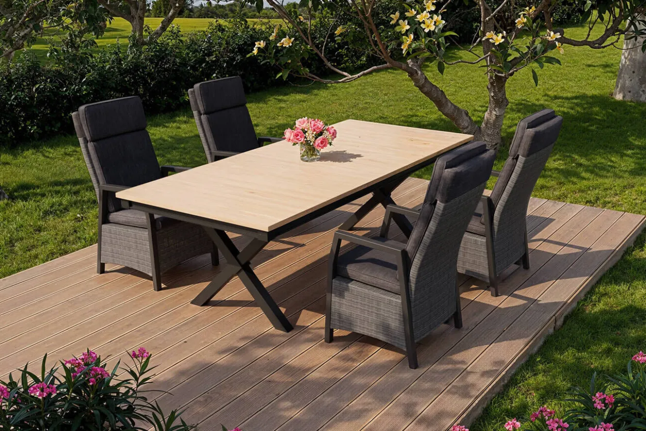 OUTFLEXX Luminara Garten-Essgruppe mit LED-Beleuchtung, anthrazit/natur, Aluminium/Polyrattan/Holzimitat, Tisch 240 x 100 cm, 4 Sessel