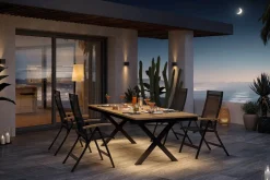 OUTFLEXX Luminara Garten-Essgruppe mit LED-Beleuchtung, anthrazit matt/natur, Aluminium/Textilen/Holzimitat, 240 x 100 cm, 4 Klappstühle