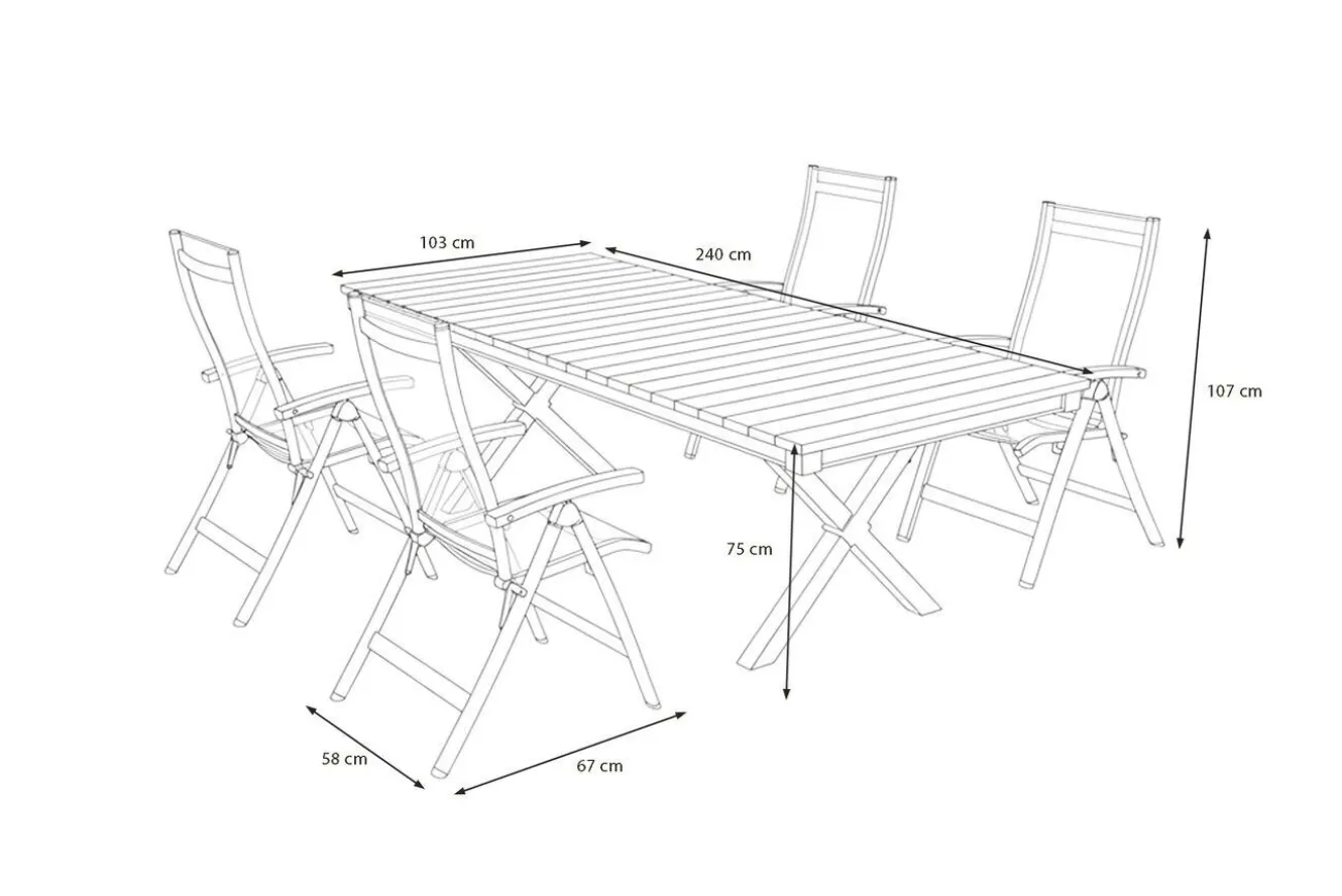 OUTFLEXX Luminara Garten-Essgruppe mit LED-Beleuchtung, anthrazit matt/natur, Aluminium/Textilen/Holzimitat, 240 x 100 cm, 4 Klappstühle