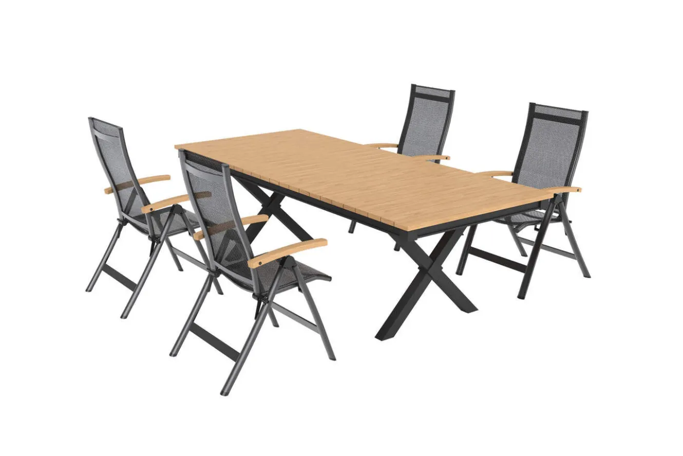 OUTFLEXX Luminara Garten-Essgruppe mit LED-Beleuchtung, anthrazit matt/natur, Aluminium/Textilen/Holzimitat, 240 x 100 cm, 4 Klappstühle