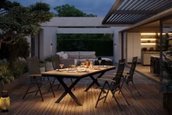 OUTFLEXX Luminara Garten-Essgruppe mit LED-Beleuchtung, anthrazit matt/natur, Aluminium/Textilen/Holzimitat, 240 x 100 cm, 4 Klappstühle