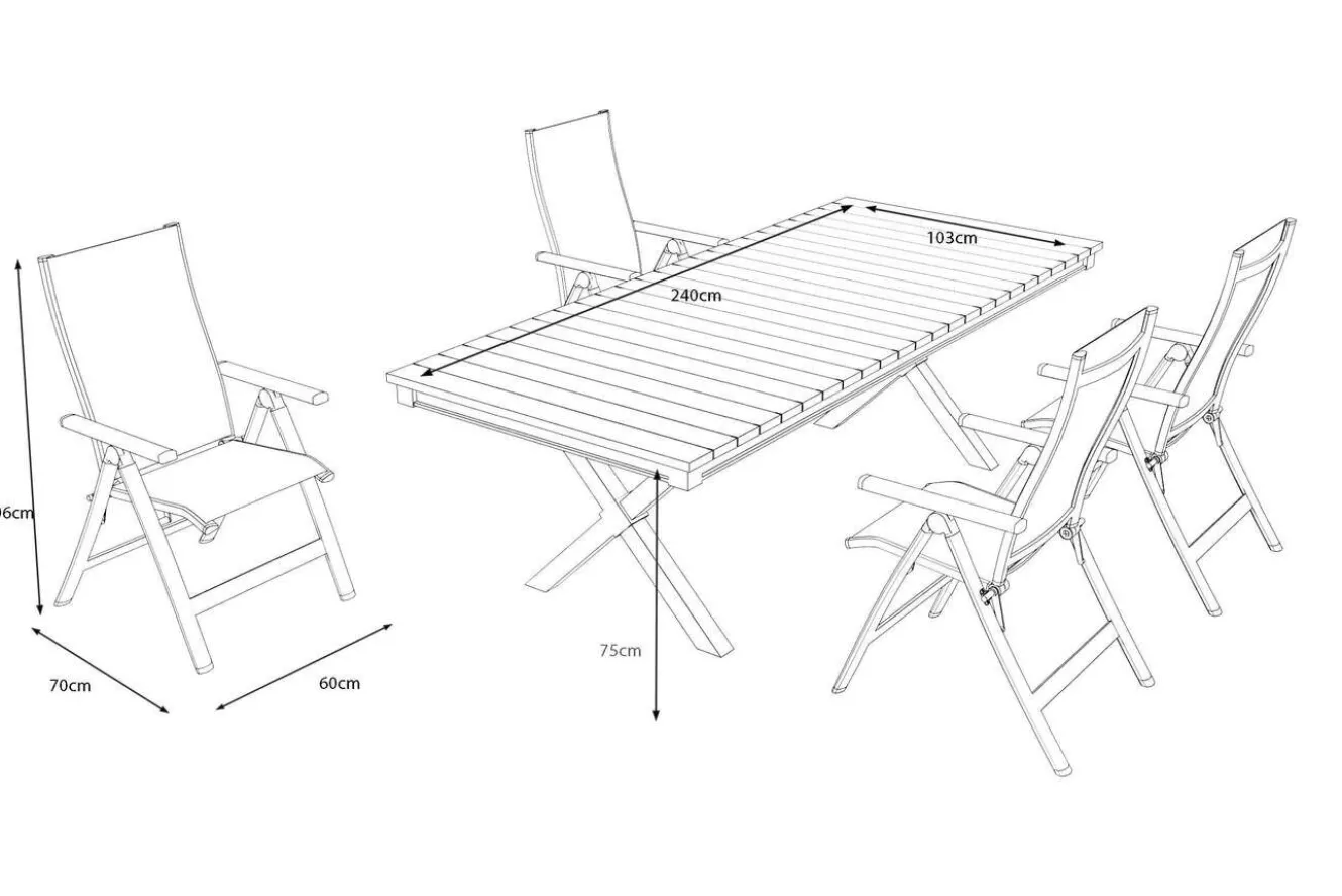 OUTFLEXX Luminara Garten-Essgruppe, anthrazit matt/natur, Alu / Holzimitat / Textilen, 240 x 100 cm, 4 Klappstühle, LED-Beleuchtung