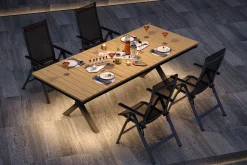 OUTFLEXX Luminara Garten-Essgruppe, anthrazit matt/natur, Alu / Holzimitat / Textilen, 240 x 100 cm, 4 Klappstühle, LED-Beleuchtung