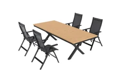 OUTFLEXX Luminara Garten-Essgruppe, anthrazit matt/natur, Alu / Holzimitat / Textilen, 240 x 100 cm, 4 Klappstühle, LED-Beleuchtung