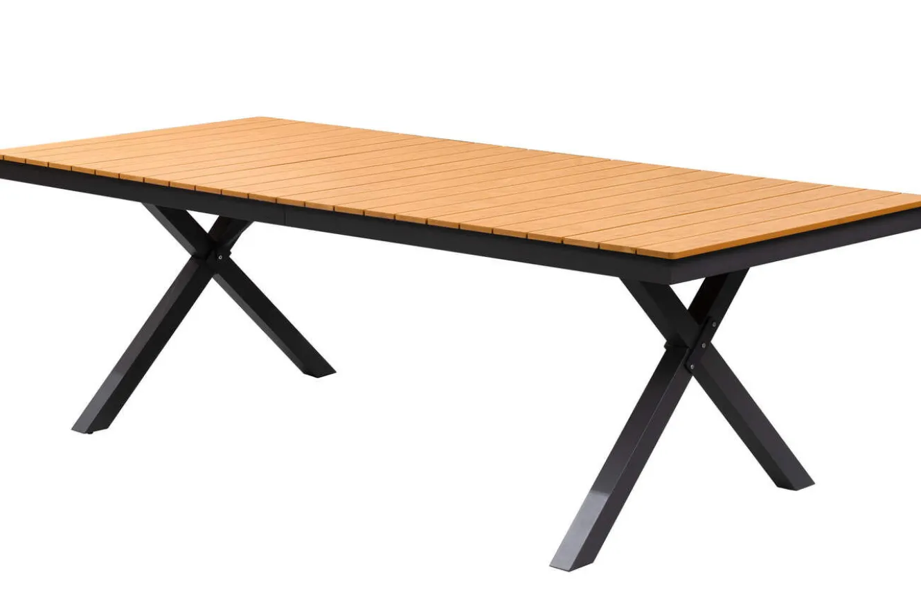 OUTFLEXX Luminara LED-Esstisch, anthrazit/natur, Aluminium/Holzimitat, 240 x 100 cm, X-Gestell, pulverbeschichtet, mit beleuchtetem Tischrahmen