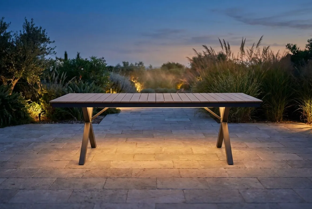 OUTFLEXX Luminara LED-Esstisch, anthrazit/natur, Aluminium/Holzimitat, 240 x 100 cm, X-Gestell, pulverbeschichtet, mit beleuchtetem Tischrahmen
