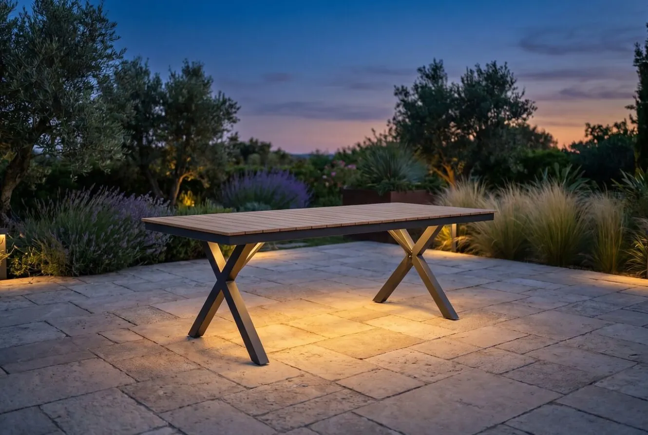 OUTFLEXX Luminara LED-Esstisch, anthrazit/natur, Aluminium/Holzimitat, 240 x 100 cm, X-Gestell, pulverbeschichtet, mit beleuchtetem Tischrahmen