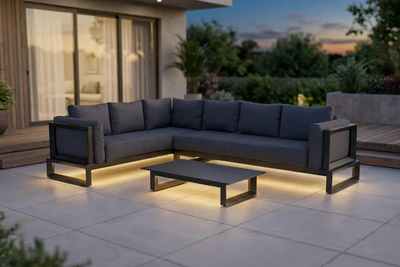 OUTFLEXX Luminara LED-Gartenlounge für 5-6 Personen, anthrazit/dunkelgrau, Alu/Polyester, pulverbeschichtet, beleuchtet