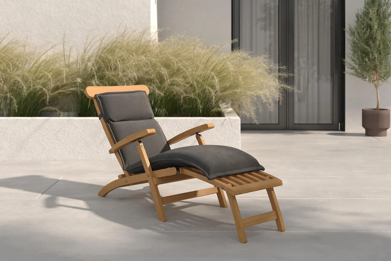OUTFLEXX Matera Gartenliege, naturbelassen/anthrazit, Teak/Polyester, 165 x 58 cm, klappbar, mit Fußkappen, UV-beständig