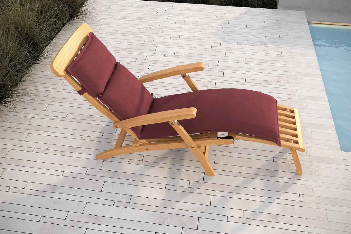 OUTFLEXX Matera Gartenliege, natur/bordeaux, Teakholz/Polyester, 165 x 58 cm, klappbar, witterungsbeständig, mit Fußkappen