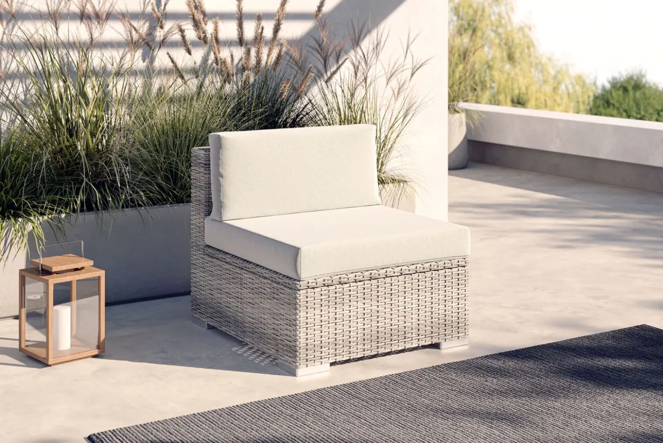 OUTFLEXX Mittelelement, desert-beige, Aluminium/Polyrattan/Polyster, 69,5 x 84 x 69,5 cm, abnehmbare Bezüge, mit Kissenboxfunktion