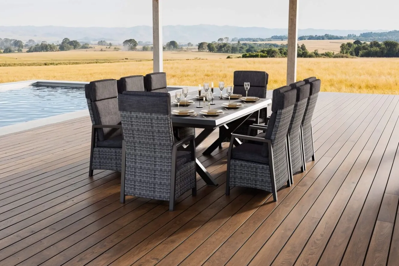 OUTFLEXX Nova Garten-Essgruppe, schwarz/anthrazit/grau, Aluminium/Polyrattan/Steinimitat, Tisch 200/260 x 100 cm, 8 Diningsessel