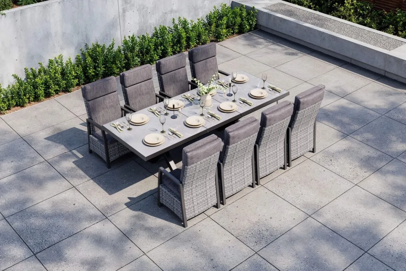 OUTFLEXX Nova Garten-Essgruppe, schwarz/anthrazit/grau, Aluminium/Polyrattan/Steinimitat, Tisch 200/260 x 100 cm, 8 Diningsessel