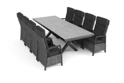 OUTFLEXX Nova Garten-Essgruppe, schwarz/anthrazit/grau, Aluminium/Polyrattan/Steinimitat, Tisch 200/260 x 100 cm, 8 Diningsessel