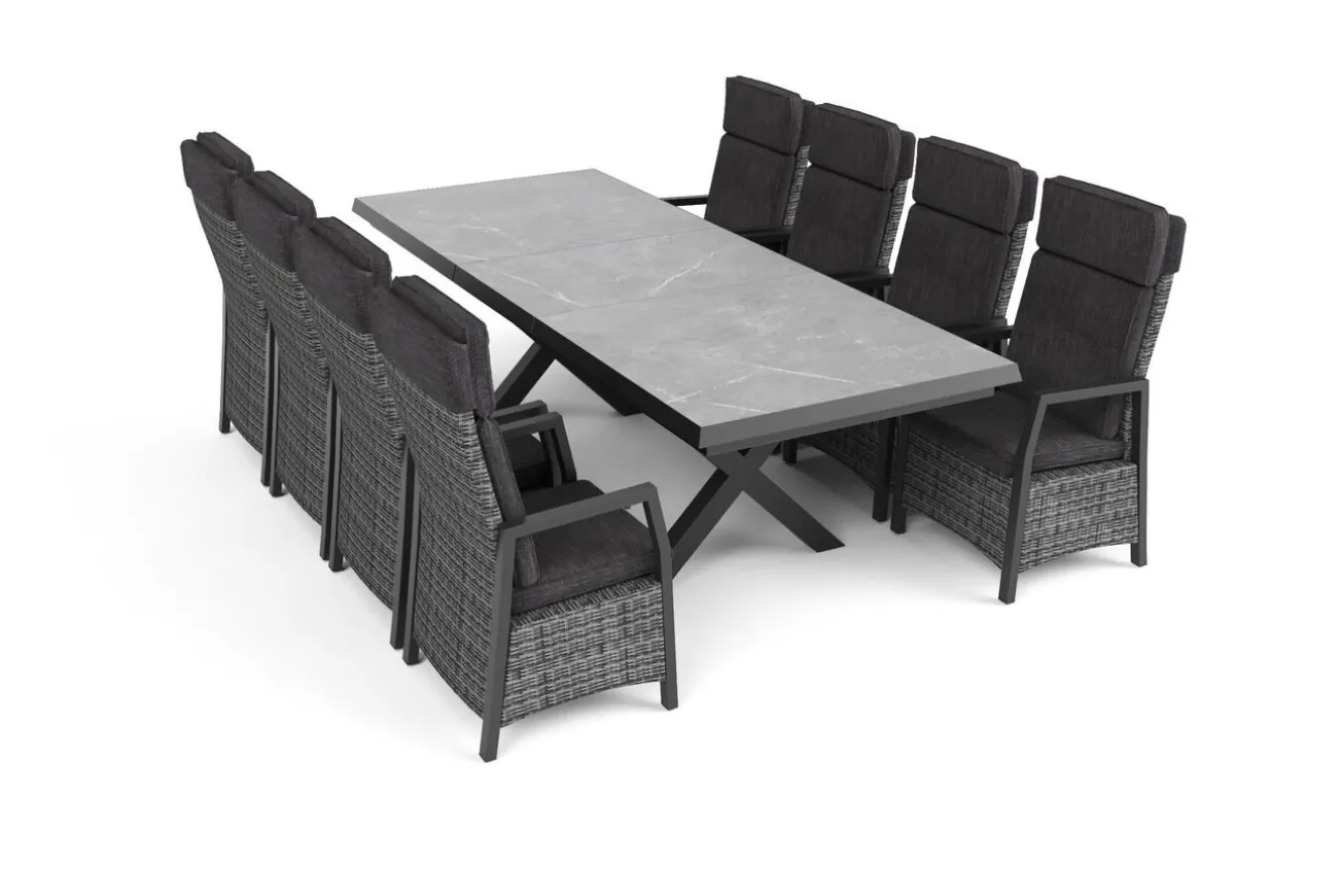 OUTFLEXX Nova Garten-Essgruppe, schwarz/anthrazit/grau, Aluminium/Polyrattan/Steinimitat, Tisch 200/260 x 100 cm, 8 Diningsessel