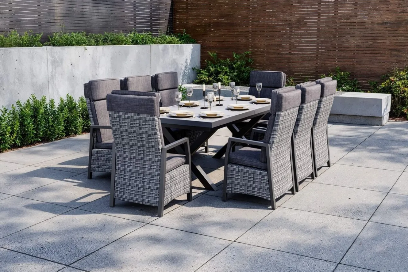 OUTFLEXX Nova Garten-Essgruppe, schwarz/anthrazit/grau, Aluminium/Polyrattan/Steinimitat, Tisch 200/260 x 100 cm, 8 Diningsessel