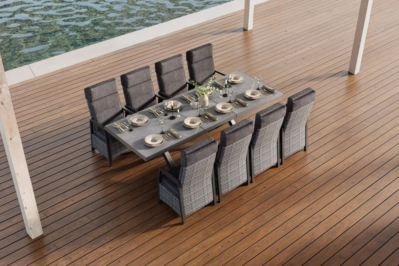 OUTFLEXX Nova Garten-Essgruppe, schwarz/anthrazit/grau, Aluminium/Polyrattan/Steinimitat, Tisch 200/260 x 100 cm, 8 Diningsessel