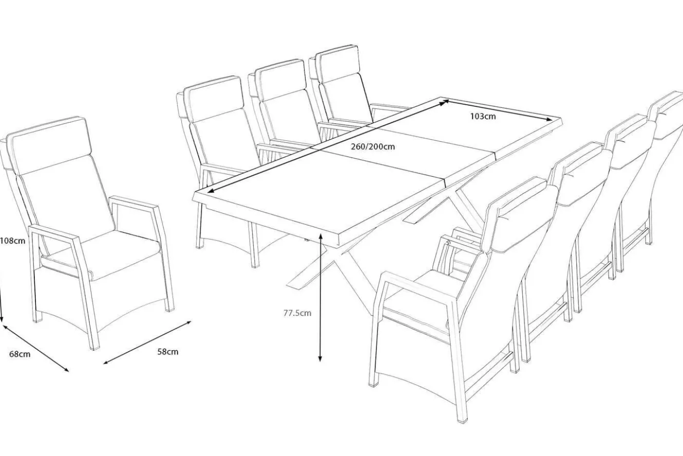 OUTFLEXX Nova Garten-Essgruppe, schwarz/anthrazit/grau, Aluminium/Polyrattan/Steinimitat, Tisch 200/260 x 100 cm, 8 Diningsessel