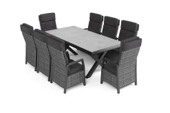 OUTFLEXX Nova Garten-Essgruppe, schwarz/anthrazit/grau, Aluminium/Polyrattan/Steinimitat, Tisch 200/260 x 100 cm, 8 Diningsessel