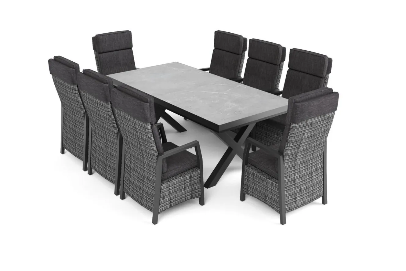 OUTFLEXX Nova Garten-Essgruppe, schwarz/anthrazit/grau, Aluminium/Polyrattan/Steinimitat, Tisch 200/260 x 100 cm, 8 Diningsessel