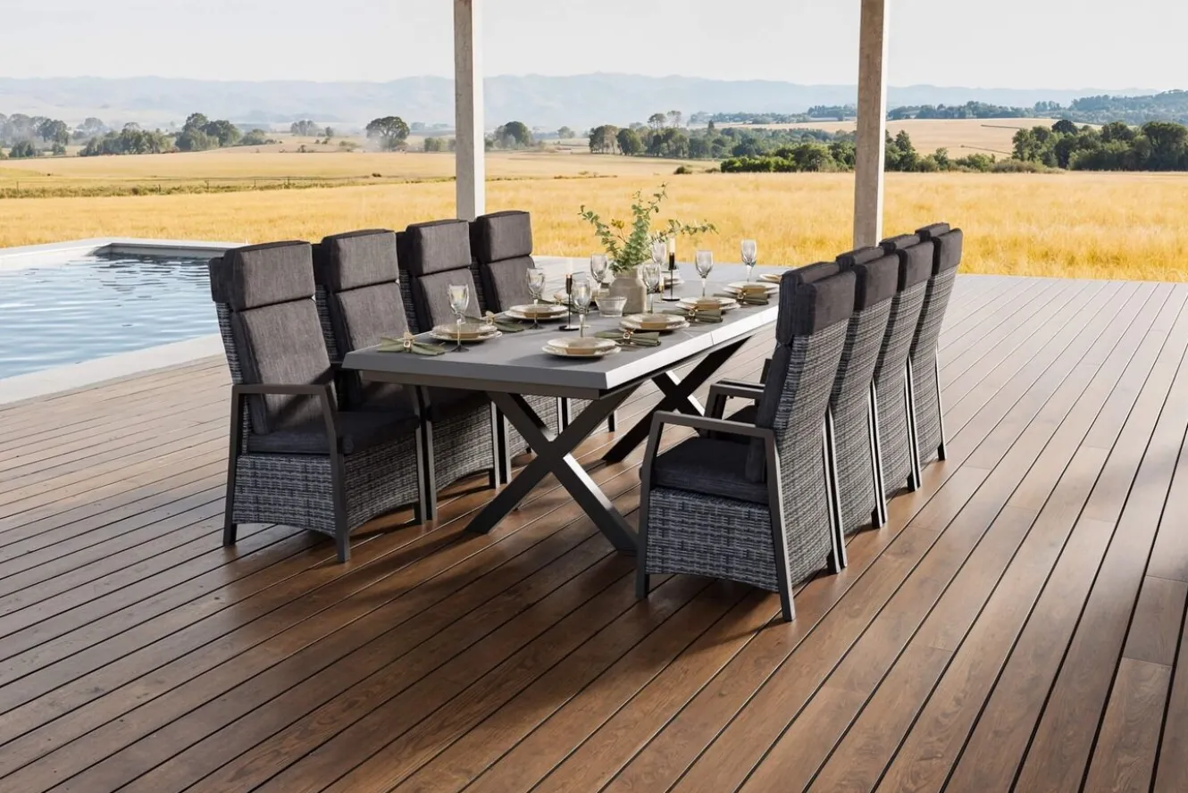 OUTFLEXX Nova Garten-Essgruppe, schwarz/anthrazit/grau, Aluminium/Polyrattan/Steinimitat, Tisch 200/260 x 100 cm, 8 Diningsessel