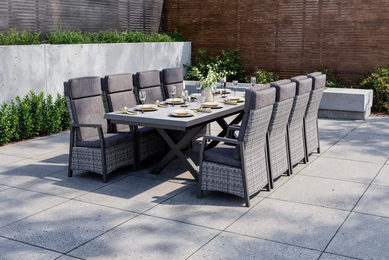 OUTFLEXX Nova Garten-Essgruppe, schwarz/anthrazit/grau, Aluminium/Polyrattan/Steinimitat, Tisch 200/260 x 100 cm, 8 Diningsessel
