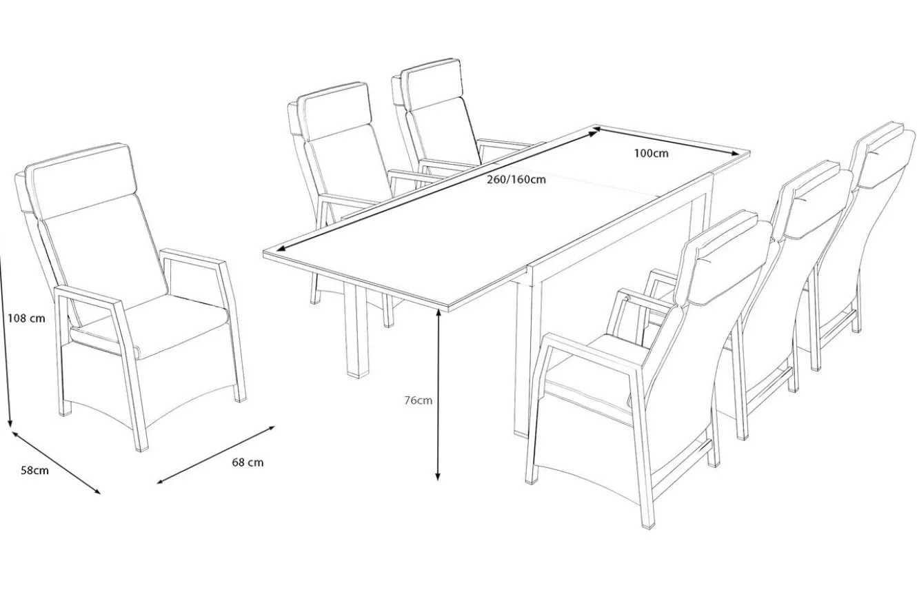 OUTFLEXX Nova Garten-Essgruppe, 6 Personen, ausziehbar, 160-260cm, Alu/Polyrattan/Spraystone