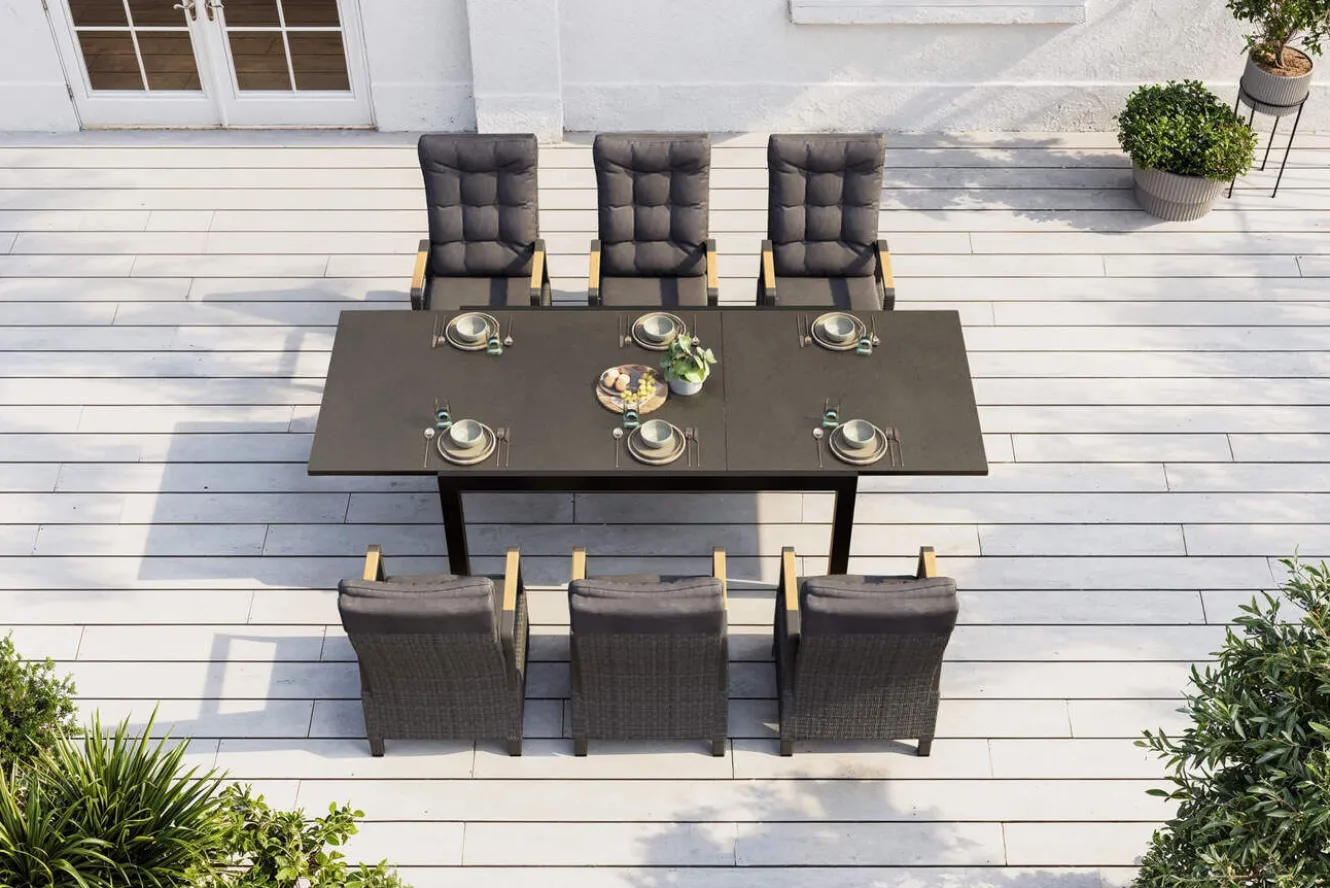 OUTFLEXX Nova Garten-Essgruppe, anthrazit matt/anthrazit, Aluminium/Polyrattan, Tisch 160/260 x 100 cm, 6 Dining-Sessel, FSC®-zertifiziertes Produkt